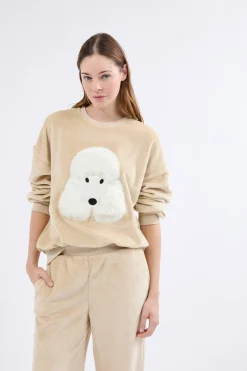 Bluza z długimi rękawami z motywem psa z efektem weluru