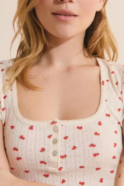 T-shirt z krótkim rękawem i wzorzystą bawełną pointelle